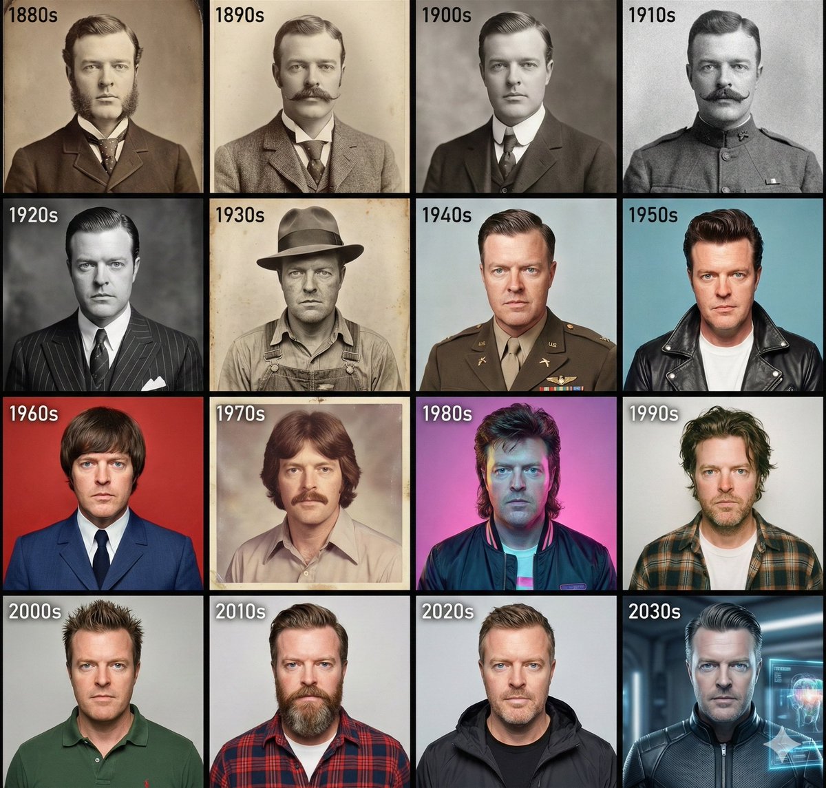 Make a 4×4 grid starting with the 1880s. In each section, I should appear styled according to that decade (clothing,…