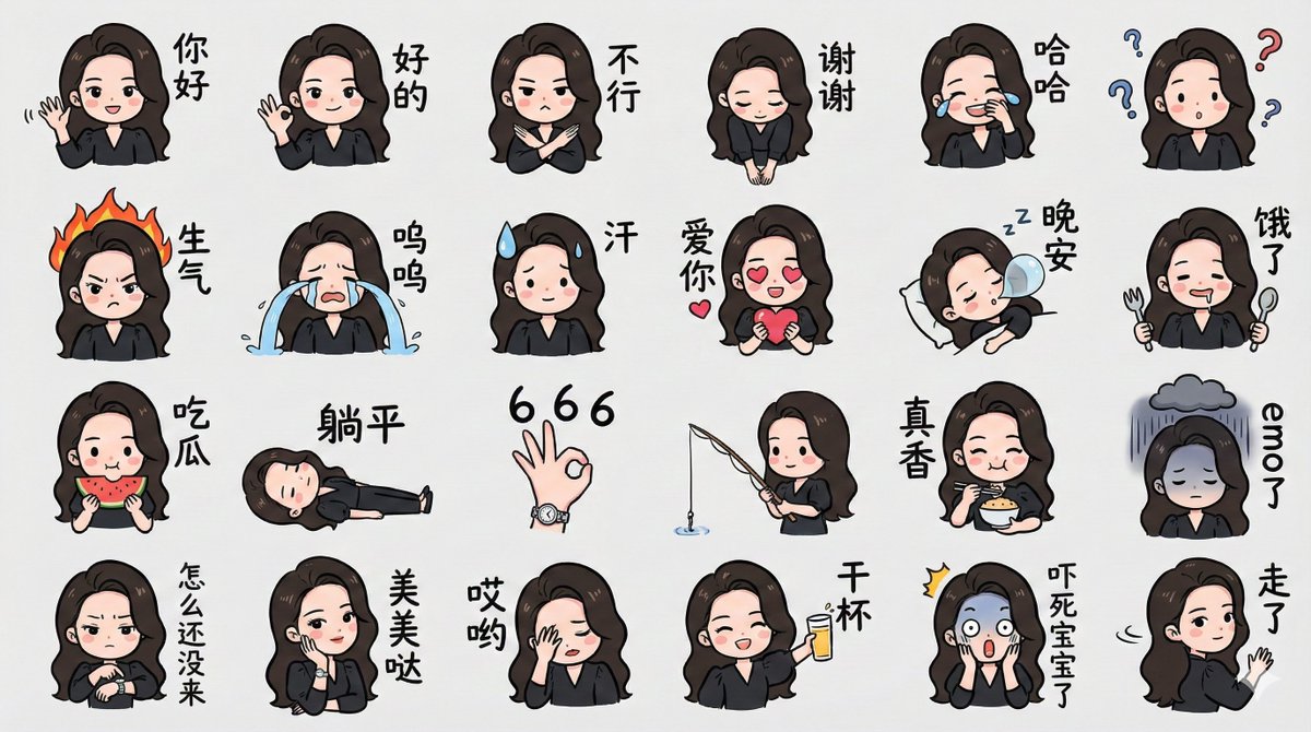 为我生成图中角色的绘制 Q 版的,LINE 风格的半身像表情包,注意头饰要正确 彩色手绘风格,使用 4x6 布局,涵盖各种各样的常用聊天语句,或是一些有关的娱乐 meme 其他需求:不要原图复制。所有标注为手写简体中文。 生成的图片需…