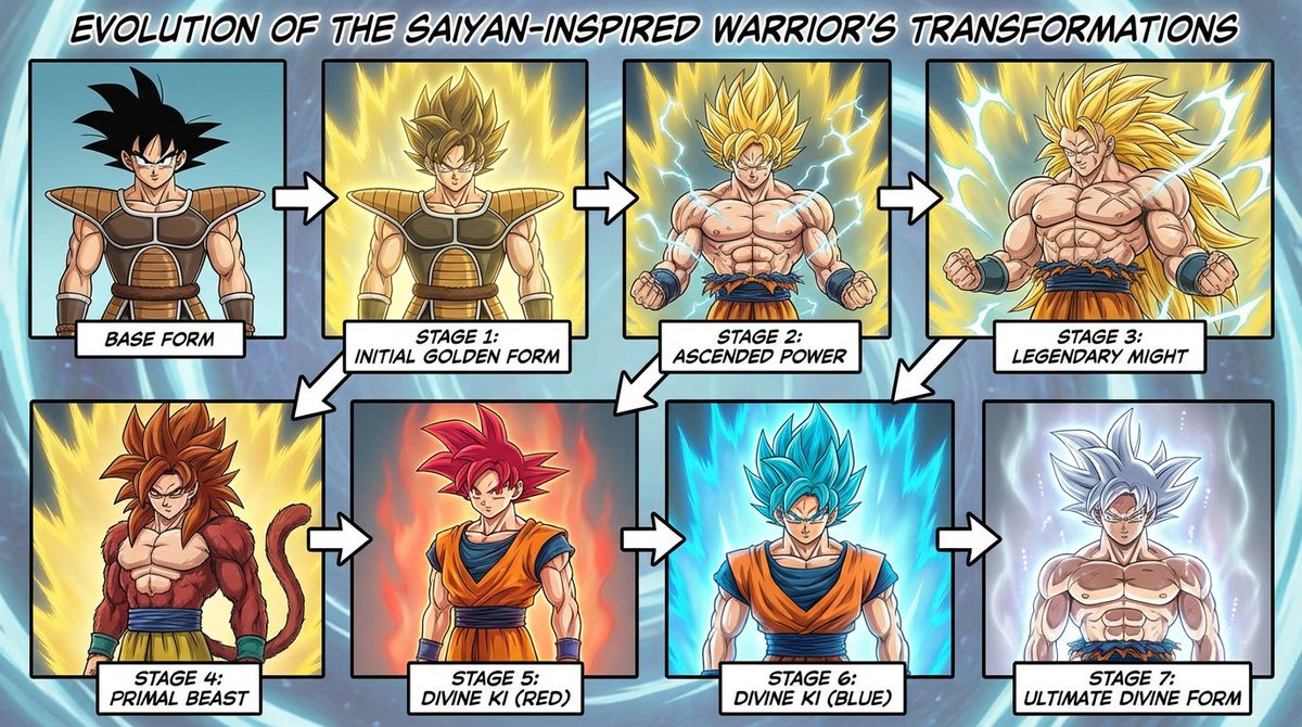 Create a detailed visual chart showing the full evolution of “Super Saiyan–style transformations”, using an original…