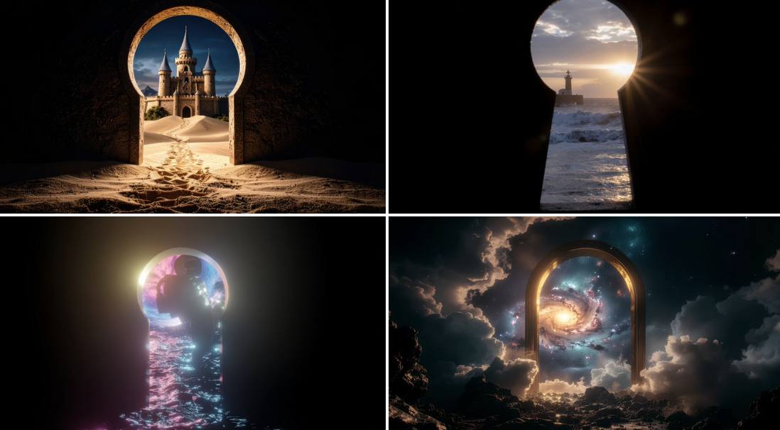 looking through a keyhole towards a mythical dark fantasy, around keyhole, sharp focus, photographic
