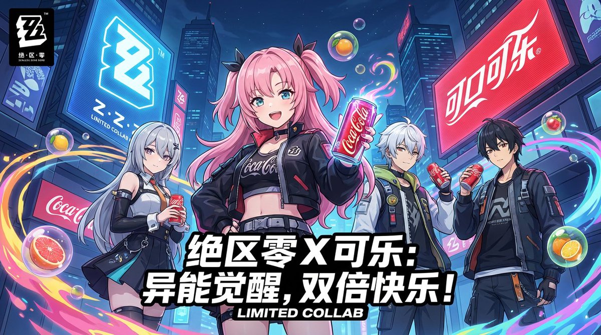 画幅比例16:9,官方游戏联动海报,杰作,充满活力的《绝区零》动漫风格。 场景: 四位时尚的动漫角色(一位黑夹克粉发女孩是视觉中心,一位银发女孩,一位白发男孩,一位黑发男孩)在未来城市夜晚上摆姿势,每人都拿着一杯可乐。 环境: 这是一…