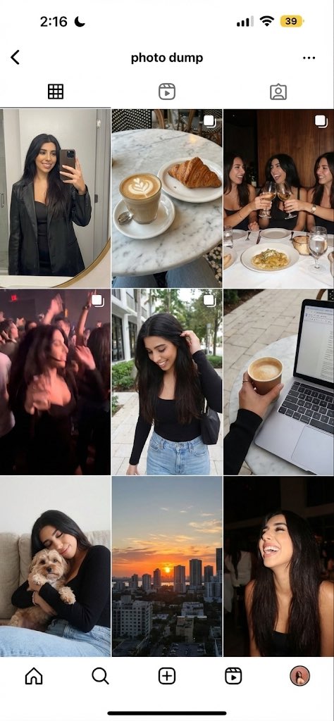 Generate a 9-image ‘photo dump’ grid of this person’s weekend: a mirror selfie, a café shot, friends at dinner, a blu…