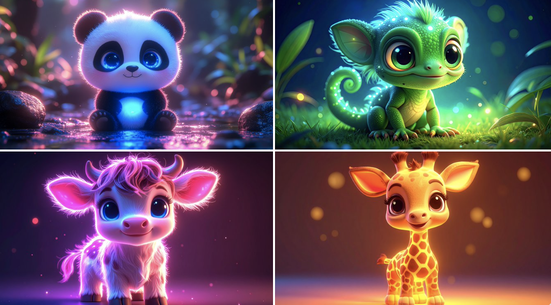 bioluminescent cute , kawaii, chibi, neon backlit, 3d cartoon, big cute bright eyes, high definition