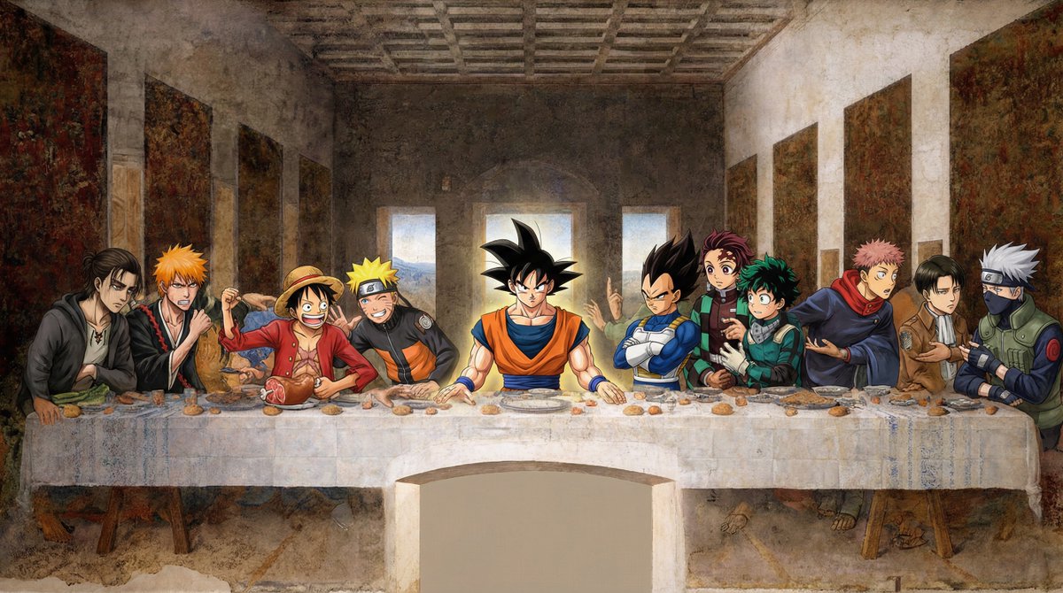Recreate the composition of Leonardo da Vinci’s The Last Supper, but with iconic manga and anime characters seated at…