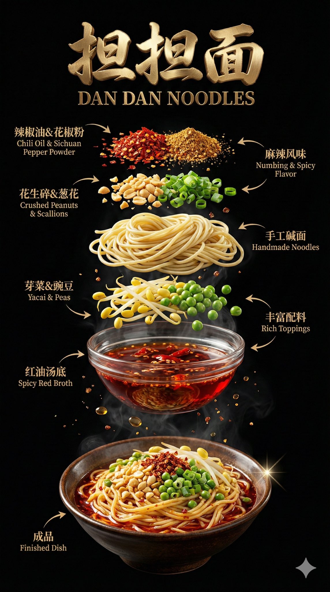 At the very top center of the composition, floating prominently above the ingredient layers, is a luxurious title lab…