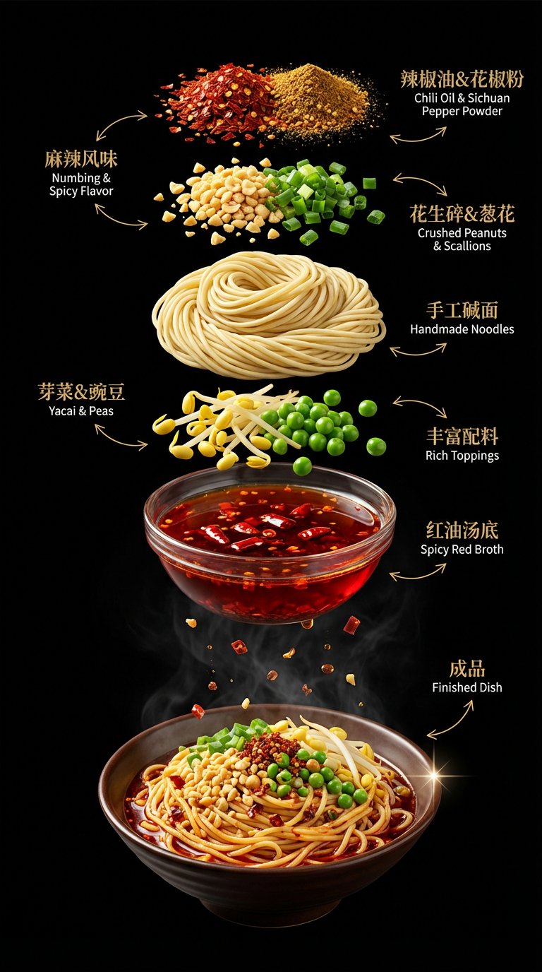 Premium Chinese noodle restaurant food poster featuring deconstructed layers of Dan Dan Noodles / Spicy Sichuan Noodl…