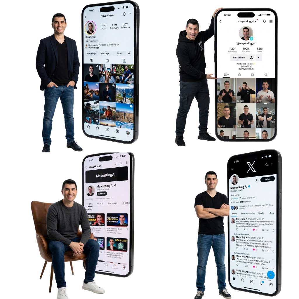 Create a high-end 8k studio photograph. The person from the reference is standing on the left side, posing with a att…