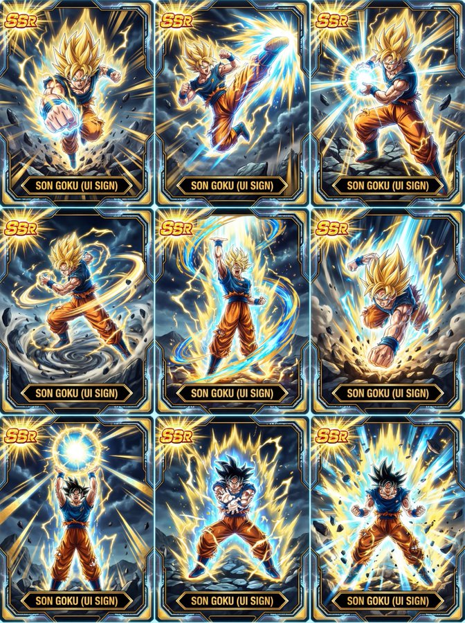 A 3x3 grid layout displaying 9 different premium Japanese TCG collectible card designs, each featuring Son Goku in Su…