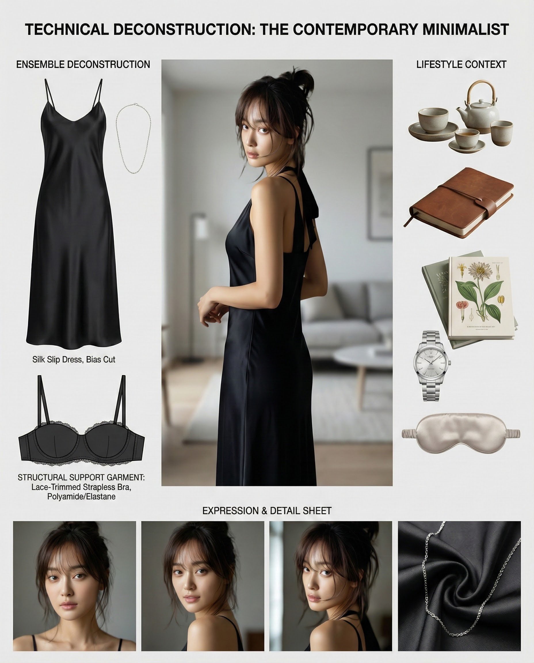 Task: Create a comprehensive "Wardrobe Deconstruction and Style Profile" collage based on an uploaded image. Objectiv…