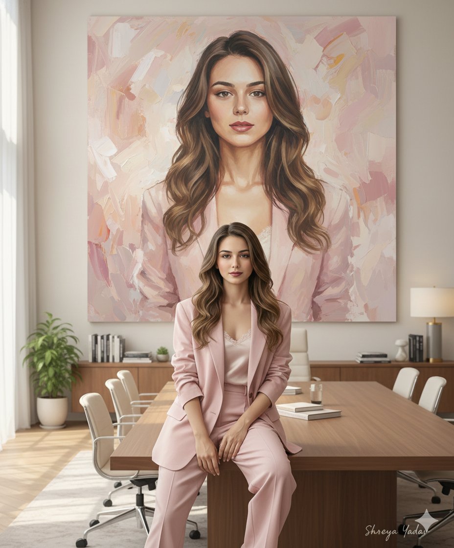 Use the uploaded photo as the face reference for both the large painted portrait in the background and the full-body…