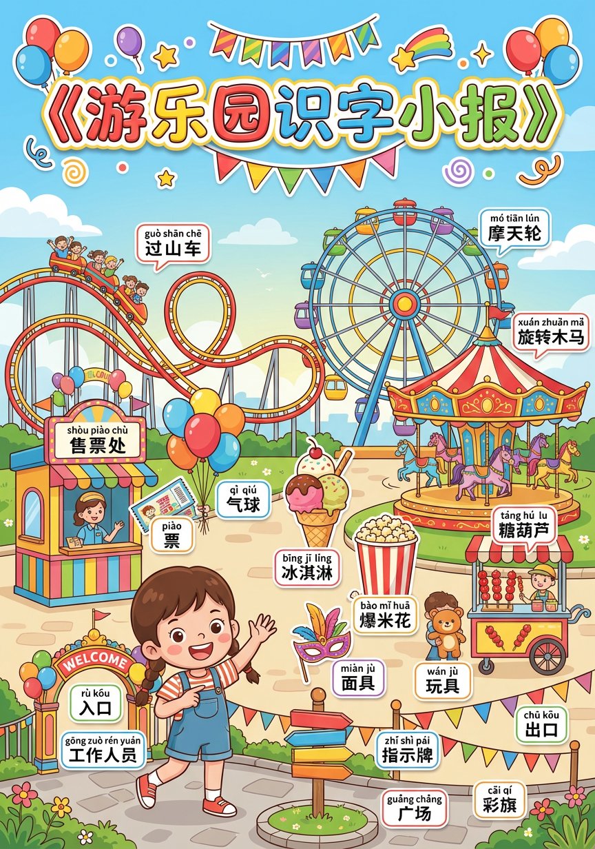 请生成一张儿童识字小报《游乐园》，竖版 A4，学习小报版式，适合 5–9 岁孩子 认字与看图识物。 一、小报标题区（顶部） 顶部居中大标题：《游乐园识字小报》 风格：十字小报 / 儿童学习报感 文本要求：大字、醒目、卡通手写体、彩色描…