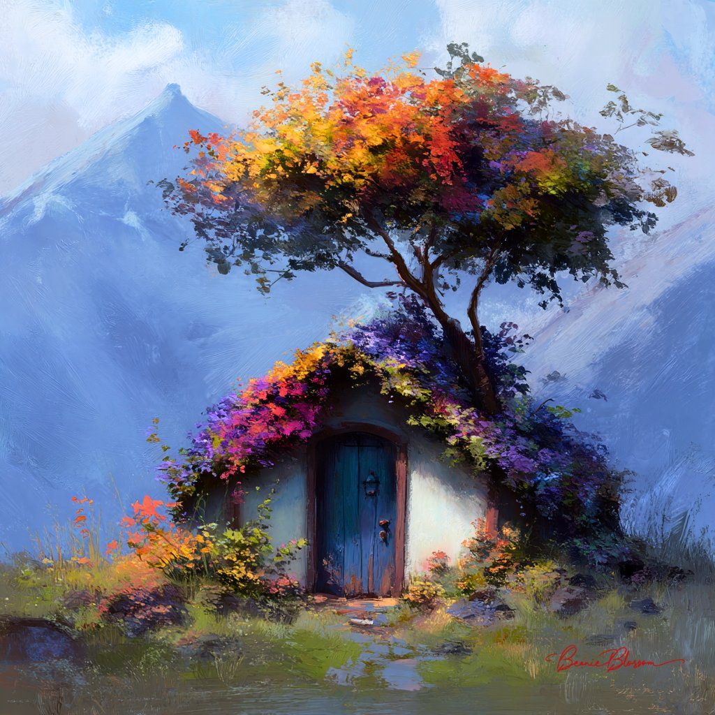 A small house made of flowers, a tree with colorful leaves growing on top and around the door, in the style of fantas…