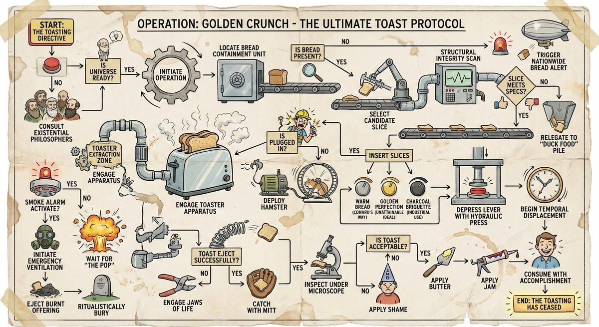 i need a flowchart for how to toast bread, make it as wacky and over the top and complicated as possible