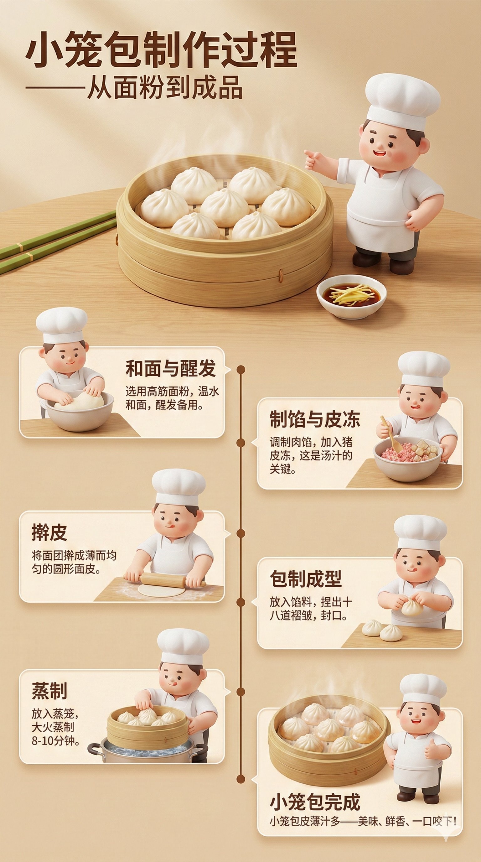 请用中文制作一张高细节的3D信息图海报，介绍印尼传统天贝的制作过程，海报中需包含一个可爱的3D厨师角色Koki Cubby（胖乎乎的，可爱，戴着白色厨师帽和围裙，表情丰富，色彩鲜艳）。 制作过程的每个步骤都应有Koki Cubby的帮…