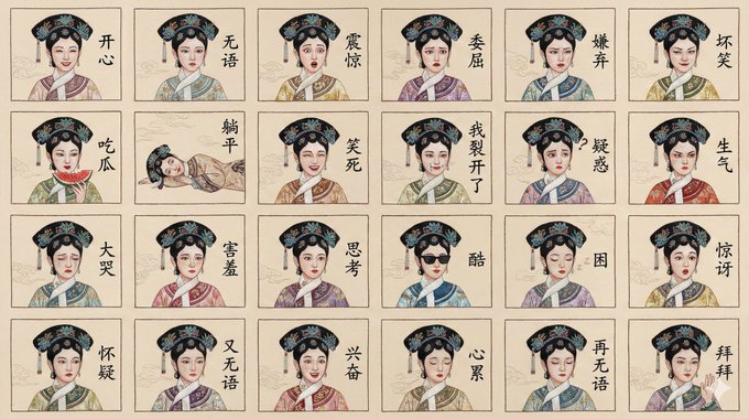 生成一张 16:9、4K 分辨率的仿真绣苏绣表情包大图： - 画面为 4×6 网格，共 24 个 1:1 方形小格，每格是一位同一角色的古典中式美人半身像表情包（胸部以上），脸部约占每格 60%–70%。 - 头饰、发型、服装风格严格…