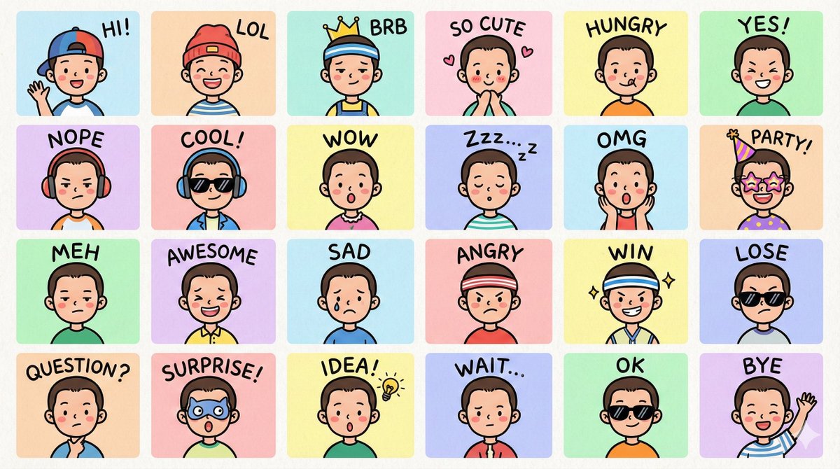 Create a set of colorful, hand-drawn LINE-style half-body Q-version emoji portraits based on the characters shown, en…