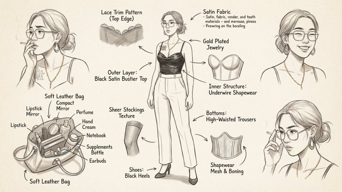 A fashion-style concept breakdown sheet in hand-drawn illustration style. Center: full-body view of a stylish, confid…