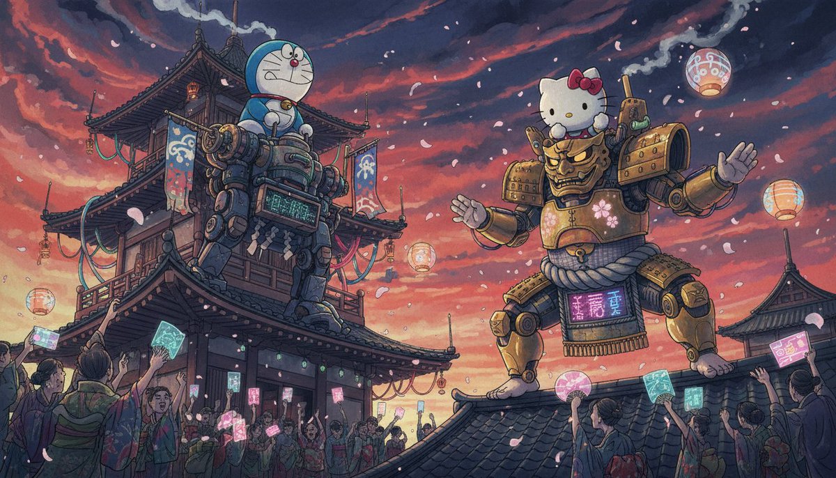 Create a highly detailed surreal Japanese sumi-e illustration blending ancient Edo-period aesthetics with futuristic…