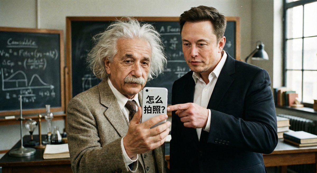 头发蓬乱的爱因斯坦困惑地盯着智能手机，试图自拍。埃隆·马斯克站在他旁边，耐心地指着屏幕教他。手机屏幕上的字：“怎么拍照？