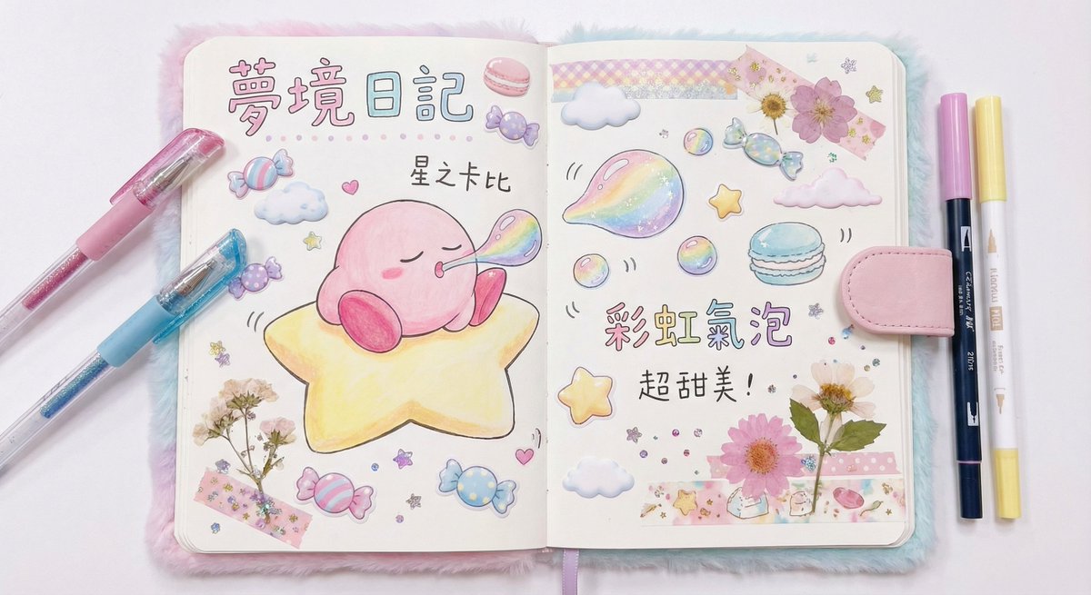 梦境日记。粉红色的星之卡比睡在一颗星星上,嘴里吐出彩虹色的气泡。柔和的马卡龙色系,云朵和糖果的贴纸,闪粉笔画的细节,梦幻且甜美