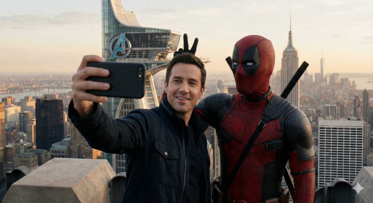 Place Deadpool next to the man, making "bunny ears" with his fingers behind the man's head while looking mischievousl…