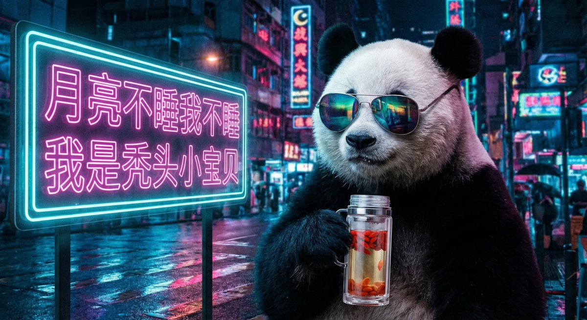 一只熊猫戴着墨镜,手里拿着保温杯(里面泡着枸杞)。背景是深夜的霓虹灯城市。熊猫身边的霓虹灯牌写着:“月亮不睡我不睡,我是秃头小宝贝