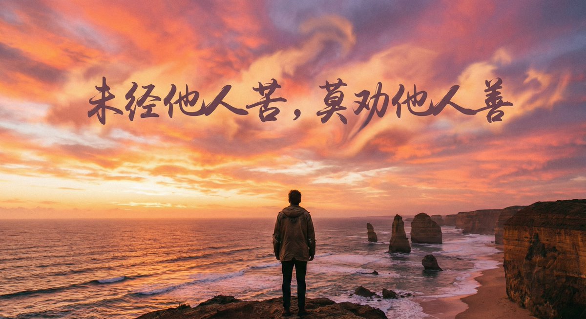 一张极其唯美的夕阳风景图,一个人坐在悬崖边看海。背影很孤独。天空中浮现一行由云朵组成的字:“未经他人苦,莫劝他人善