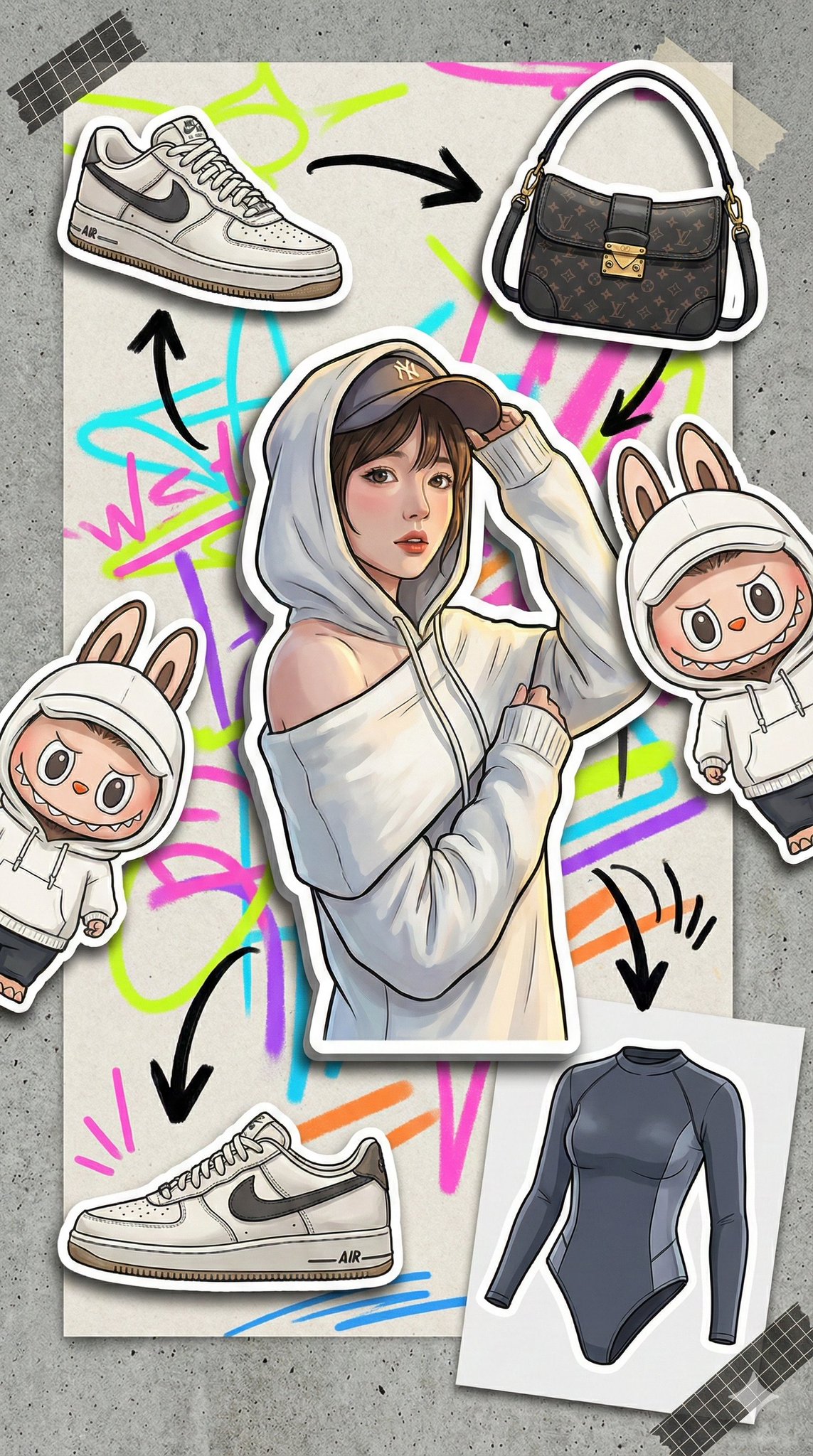 9:16全屏时尚情绪板插画。背景是带有混凝土纹理的哑光纸张,上面布满了鲜艳的霓虹色马克笔涂鸦和抽象的街头喷漆线条。所有元素均为具有厚实白色边缘的模切贴纸风格,带有立体阴影。主角贴纸是穿着潮流街头服饰的用户。配饰贴纸包括限量版球鞋特写和…