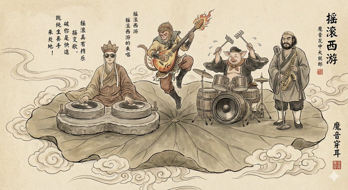 A traditional Chinese Gongbi-style ink painting. The scene humorously depicts a grand concert taking place on a giant…