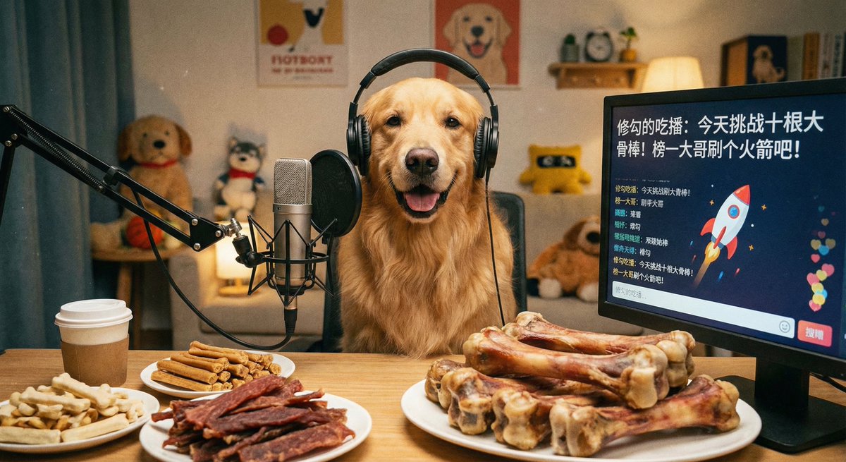 一只金毛犬戴着耳机坐在麦克风前,面前摆满了各种狗零食和骨头。它正对着镜头露出专业的笑容。直播界面的标题写着:“修勾的吃播:今天挑战十根大骨棒!榜一大哥刷个火箭吧!