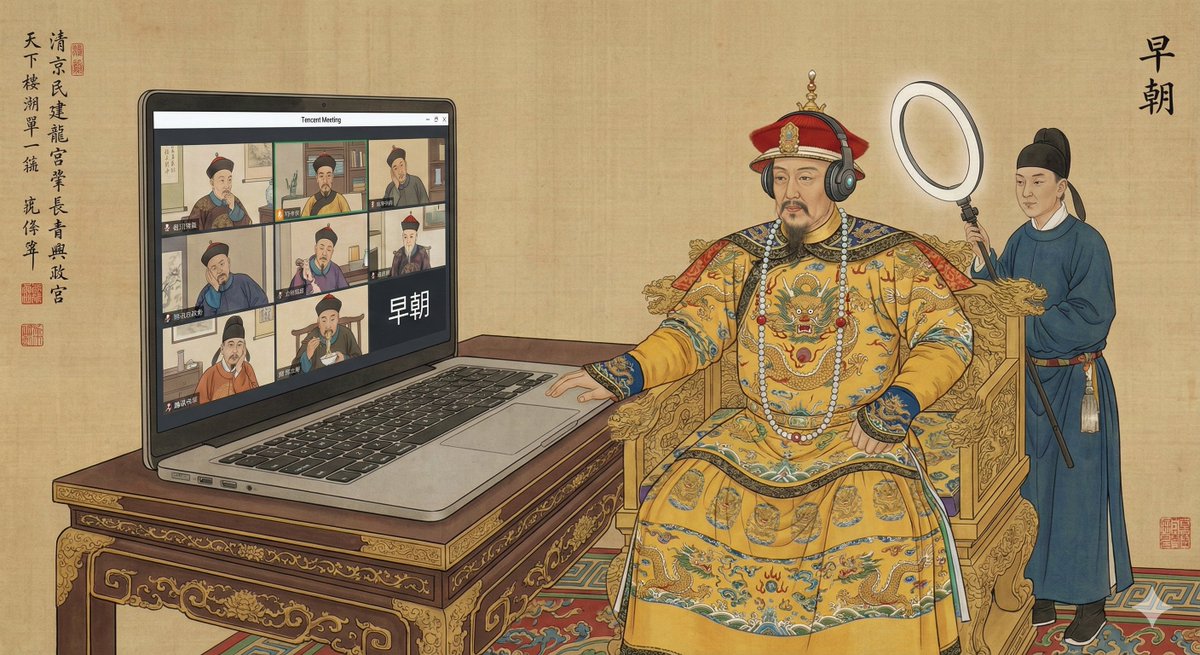 传统的清代宫廷画风格。画面描绘了皇帝庄严肃穆地端坐在太和殿的龙椅上。然而,他面对的不是跪拜的大臣,而是盯着放在御案上的一块巨大的笔记本电脑屏幕。屏幕上显示着与大臣们进行“腾讯会议”的网格视图,大臣们都在各自的府邸中,有的看起来很无聊,…