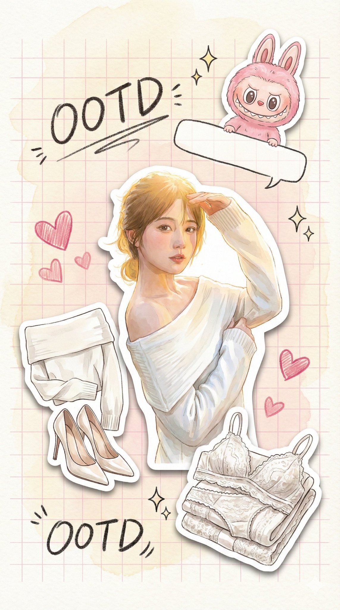 一张9:16竖屏的高级时尚插画情绪板,模拟平板扫描效果。背景是纯手绘的奶油色水彩晕染纸张,带有淡淡的粉色网格。视觉核心是数张具有明显白色模切宽边和柔和投影的亮面乙烯基贴纸。中央贴纸是用户穿着甜美约会装的照片,光线明亮。左侧是对这套穿搭…