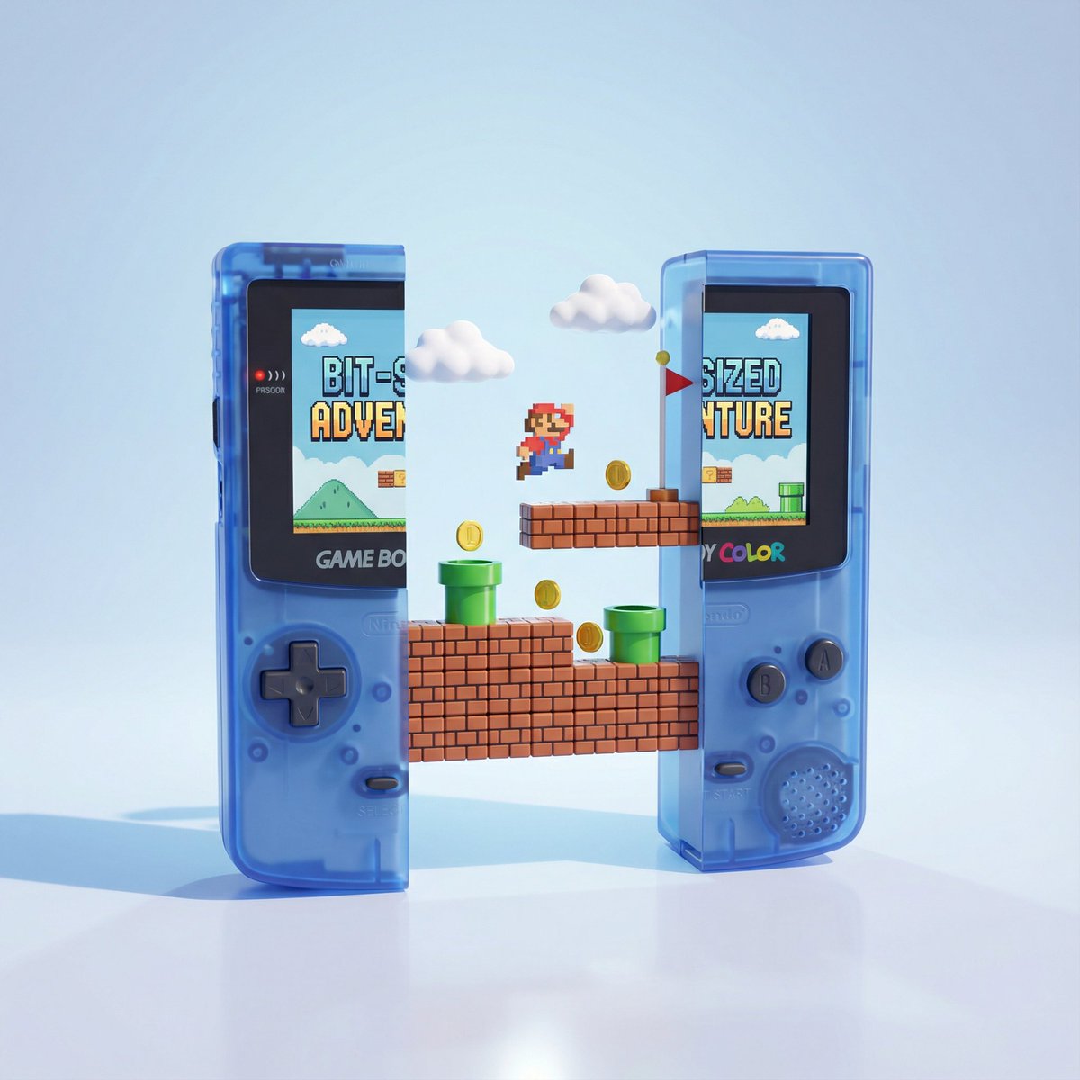 A highly polished 3D render of a classic handheld game console split cleanly into two halves, standing upright on a g…