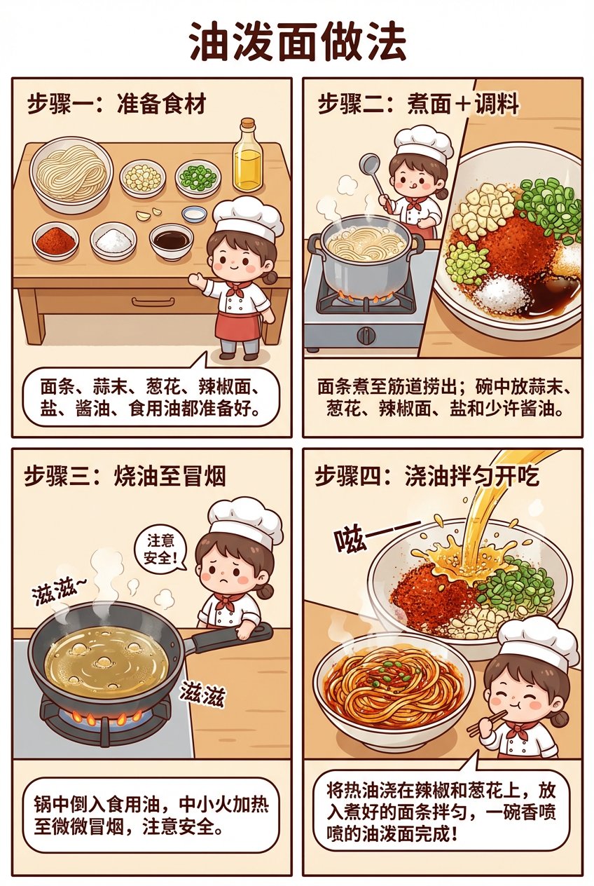 编写一个 Nano Banana 提示词,用于生成「油泼面的做法」四宫格漫画图,有配图和文字排版