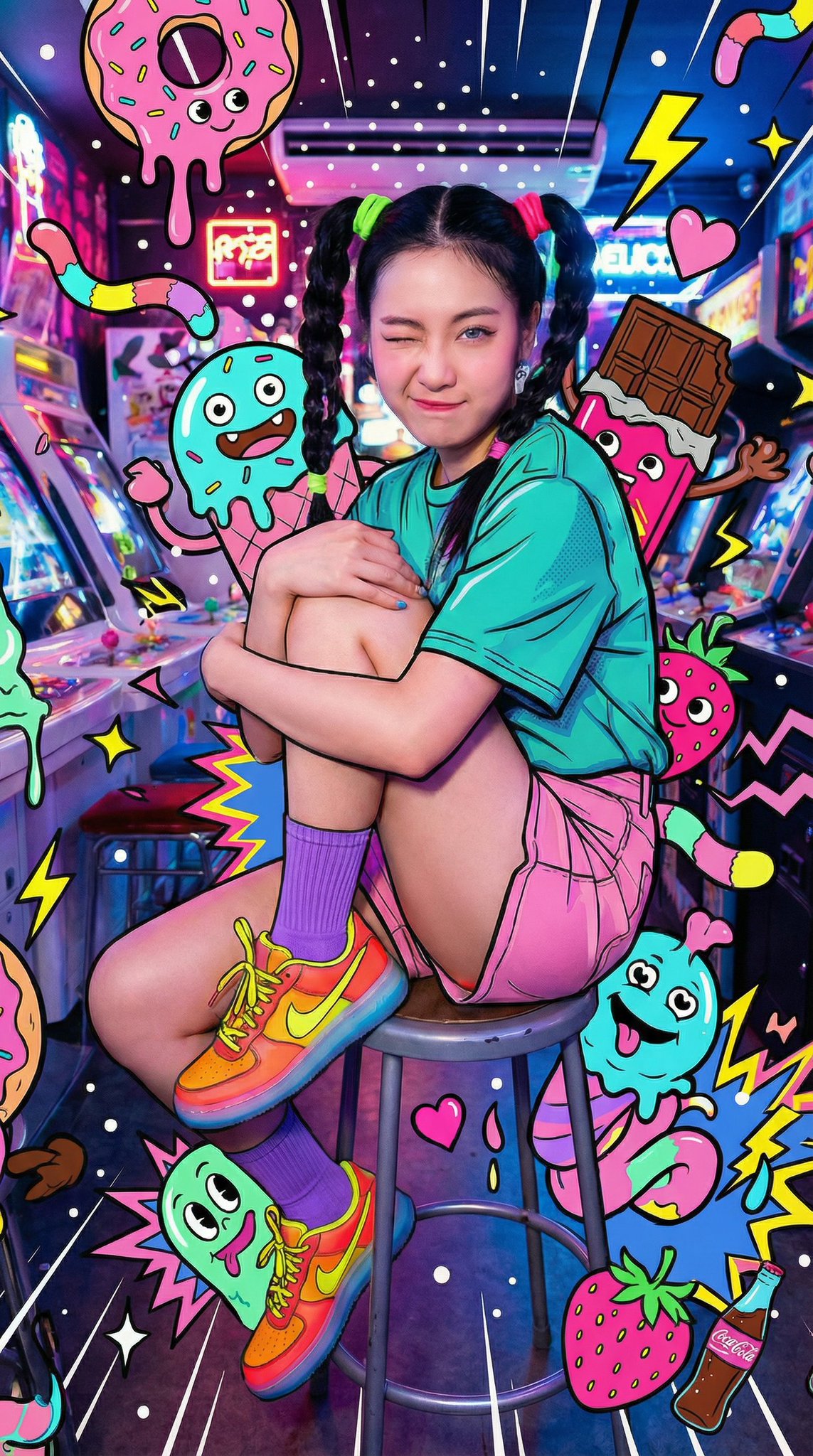 a hyper-busy explosion of candy-inspired monsters and neon shapes surrounding the subject while keeping skin photorea…