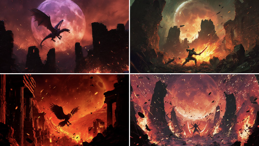 in a cinematic painting, battling amid crumbling ruins under a colossal blood moon — ambient sparks flying. Set in an…