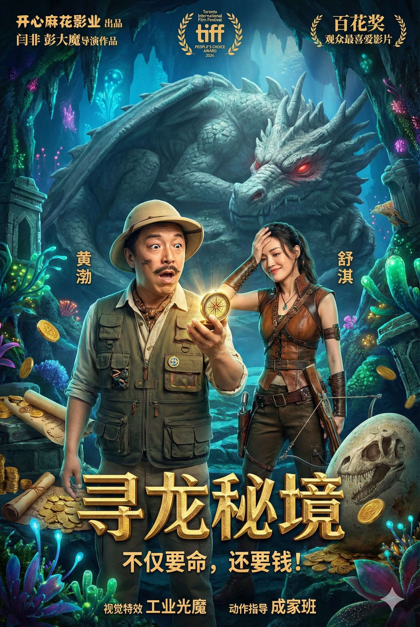 一张虚构的奇幻冒险喜剧海报《寻龙秘境》(The Dragon Realm Quest)。场景设置在一个充满奇异发光植物和古老遗迹的地下洞穴中。画面中央,演员黄渤留着滑稽的胡子,戴着探险帽,穿着多口袋马甲,表情夸张地瞪大眼睛看着手中的一…
