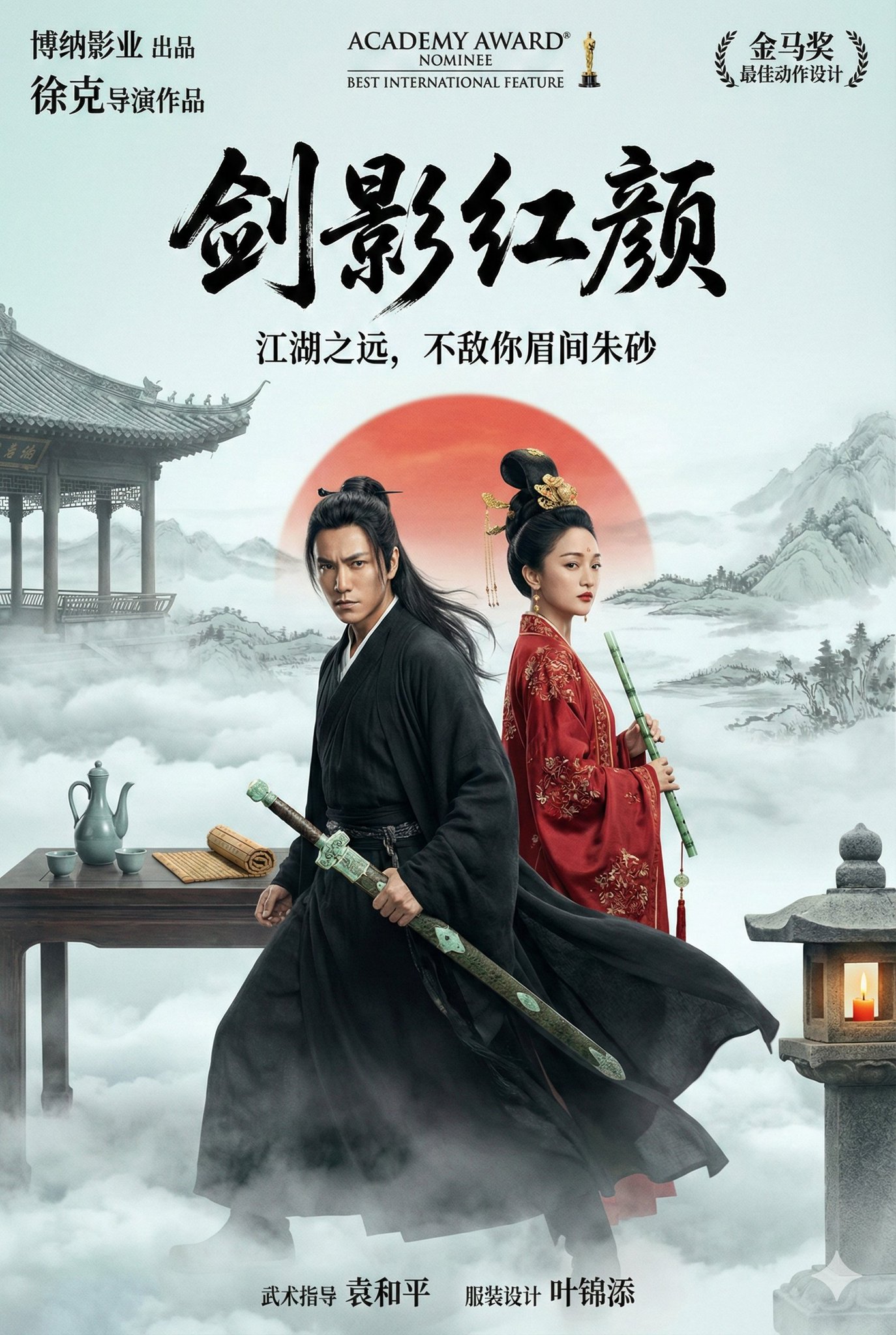 一张虚构的东方武侠史诗海报《剑影红颜》（Sword & Beauty）。场景设置在一个云雾缭绕的古老山巅亭阁中。画面中央，陈坤（Chen Kun）身着飘逸的墨色长袍，长发束起，眼神深邃，手中握着一把未出鞘的古剑，剑柄上镶嵌着玉石，他正…
