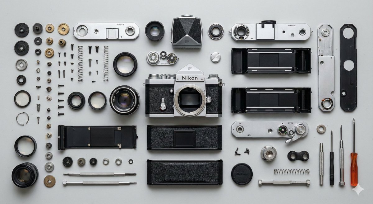 Knolling photography, disassembled parts of a vintage film camera neatly arranged on a flat surface, high angle shot,…