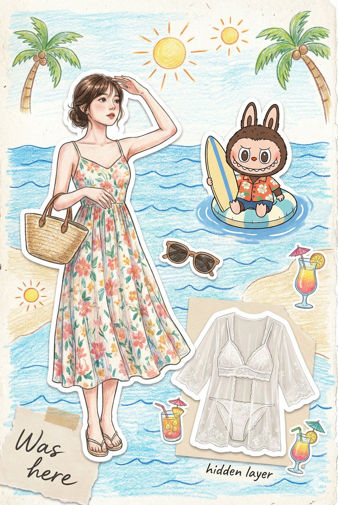 充满夏日气息的竖屏时尚插画。背景是手绘的蓝色海洋波浪纹理和沙滩色块,使用彩色铅笔质感。主角贴纸穿着度假长裙或泳装,阳光明媚。Labubu公仔贴纸穿着夏威夷衬衫,拿着冲浪板或游泳圈。配饰贴纸包括草编包和墨镜。隐藏层贴纸是一套精美的蕾丝比…
