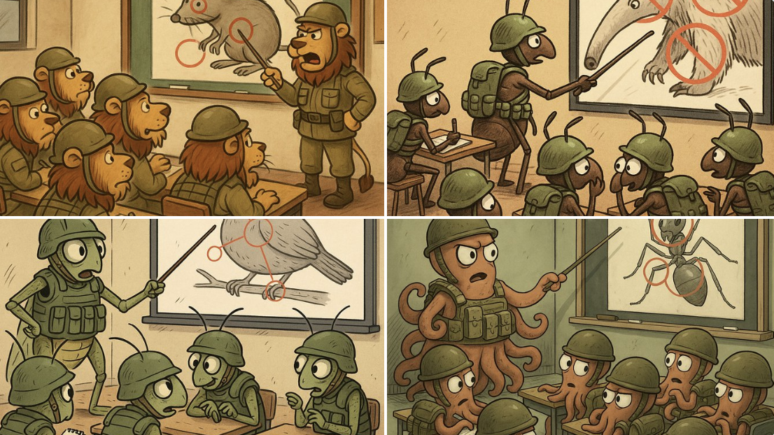A humorous cartoon scene set inside a military training classroom, featuring a group of soldiers sitting at desks, we…