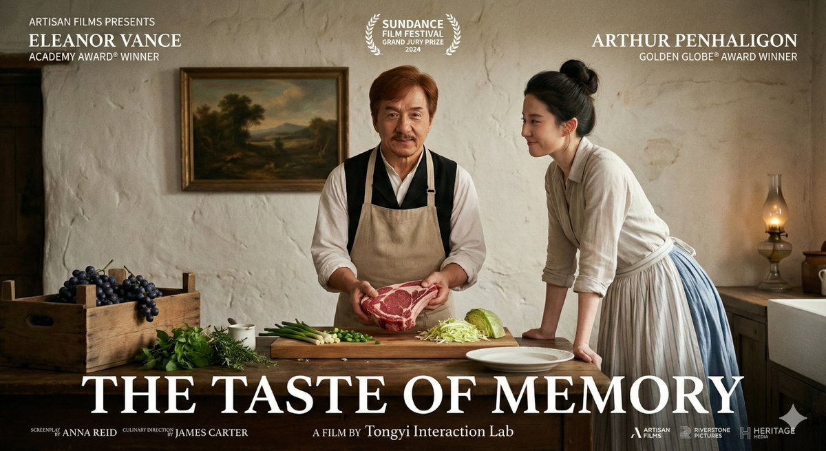一张虚构的英语电影《回忆之味》(The Taste of Memory)的电影海报。场景设置在一个质朴的19世纪风格厨房里。画面中央,一位红棕色头发、留着小胡子的中年男子(演员 成龙 饰)站在一张木桌后,他身穿白色衬衫、黑色马甲和米色…