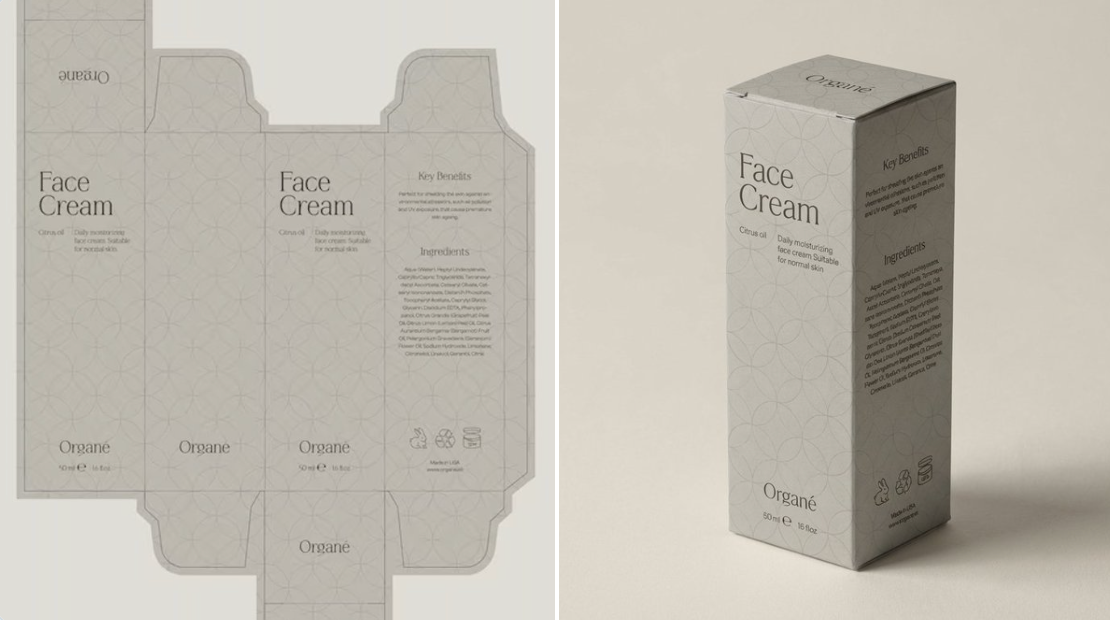 Assemble the dieline into a perfectly folded 3D box with accurate panel placement, clean edges, and undistorted typog…