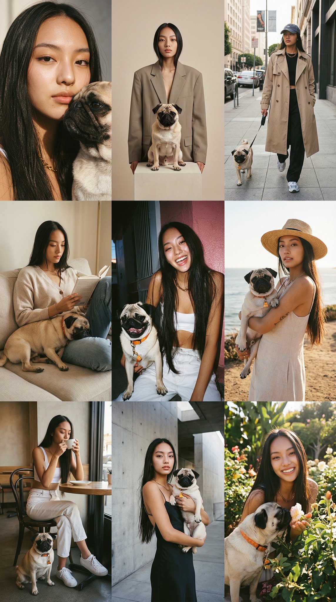Create a full Instagram-style 3×3 grid feed composed of nine different portrait images, all featuring the person and…