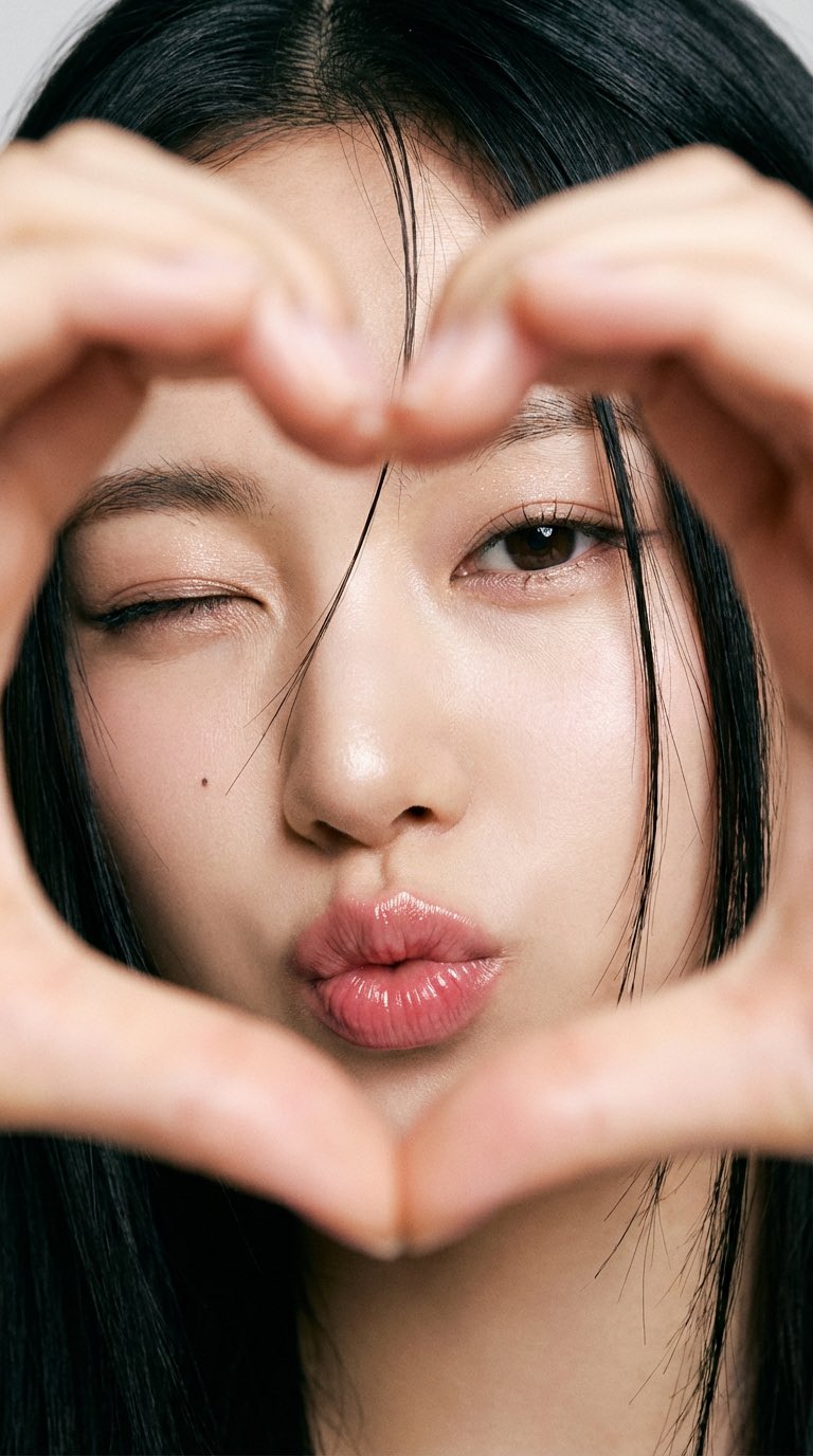 A young East Asian woman making a heart shape with her hands directly in front of the camera, with her head gently ti…