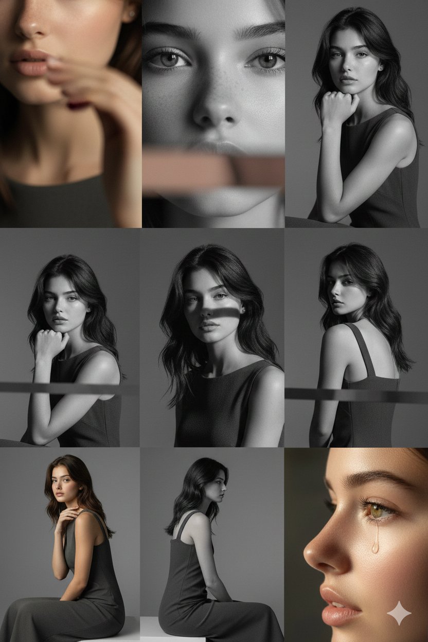 Editorial 3x3 grid in a cool-grey seamless backdrop. Character (face characteristics 100% same as uploaded image) wea…