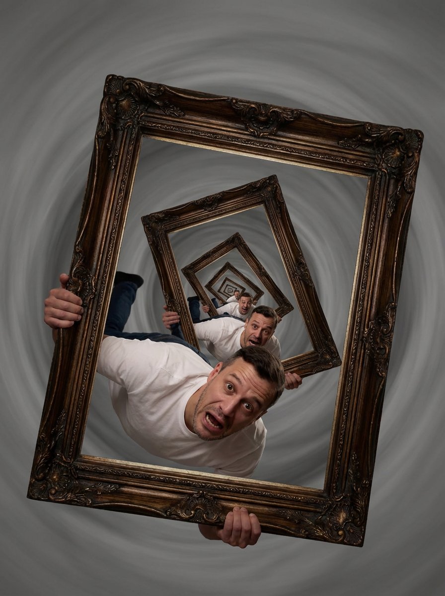 A man with wide, horrified eyes holds a large, ornate picture frame. Inside the frame is a perfect photograph of him…