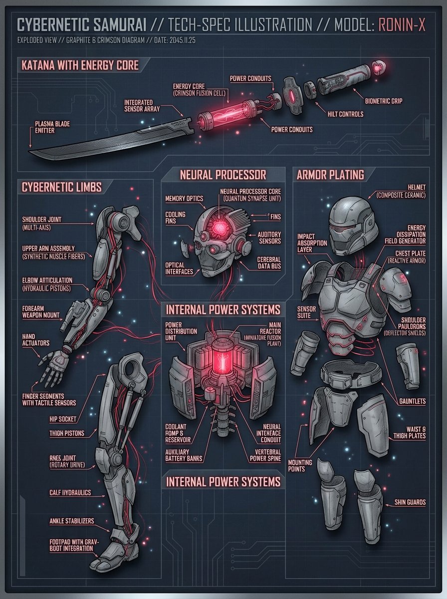Create a detailed technical illustration of a Cybernetic Samurai, exploded into components: katana with energy core,…