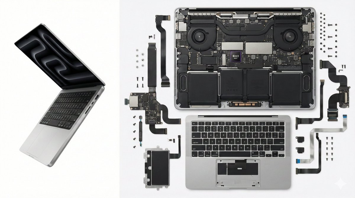 MacBook Pro 笔记本电脑的极致拆解,左右分屏构图。左侧 1/3 展示合盖或半开状态的完整银色MacBook;右侧 2/3 展示极其复杂的内部构造,M系列芯片主板、风扇、铝合金外壳和键盘组件,按Knolling网格整齐平铺。纯…