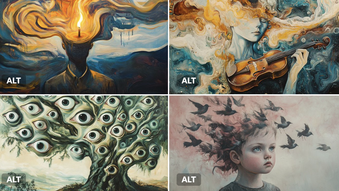 A surreal oil painting of a , executed in the style of early 20th-century dreamscapes. Melting shapes, floating forms…
